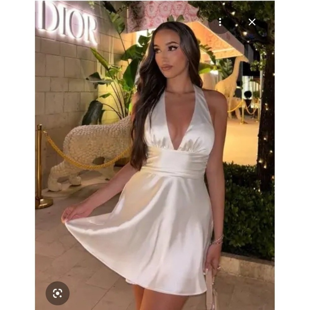 ZARA White Satin Halter Mini Dress V-Neck Flared NWT Size M
